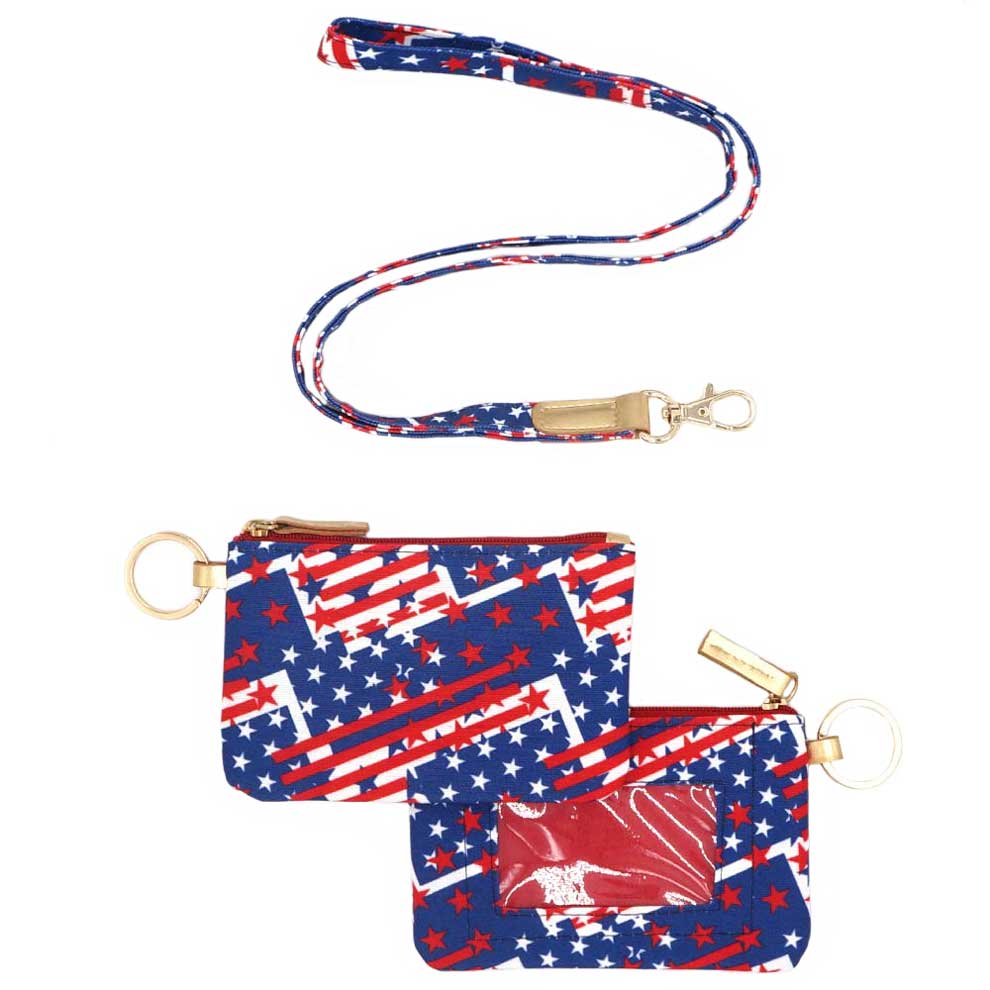 American USA Flag Patterned Id Wallet Detachable Lanyard