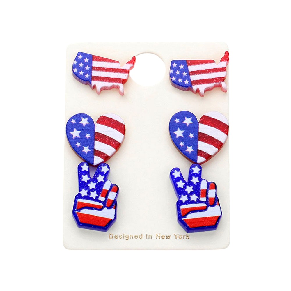 American USA Flag Printed Resin Map Heart Victory Stud Earrings Set