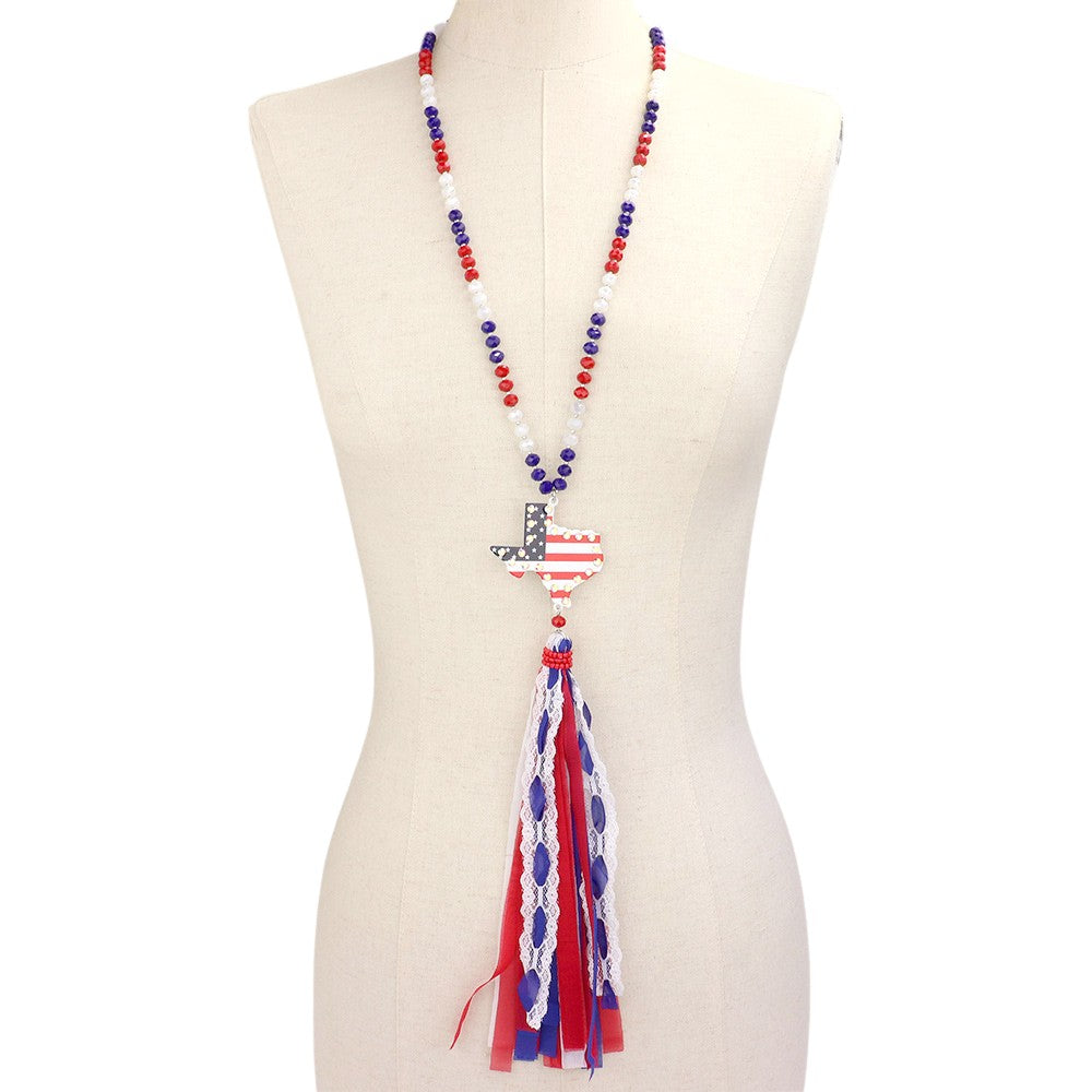 American USA Flag Texas State Map Mesh Fabric Tassel Link Long Necklace