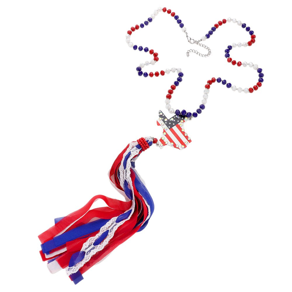 American USA Flag Texas State Map Mesh Fabric Tassel Link Necklace
