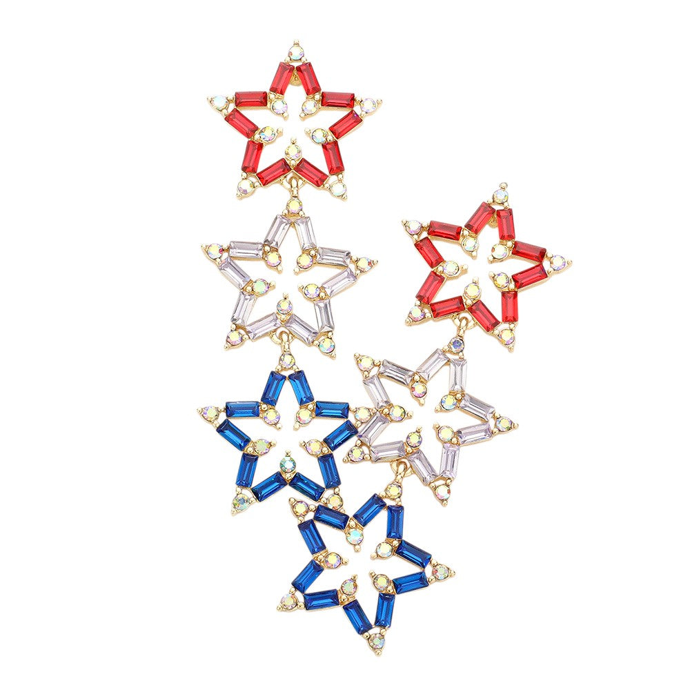 American USA Flag Triple Star Link Dangle Earrings