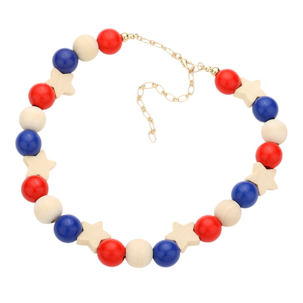 American USA Flag Wood Ball Collar Necklace