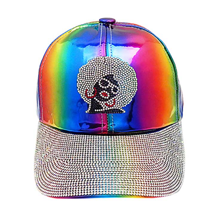 Bling Afro Girl Accented Rainbow Baseball Cap