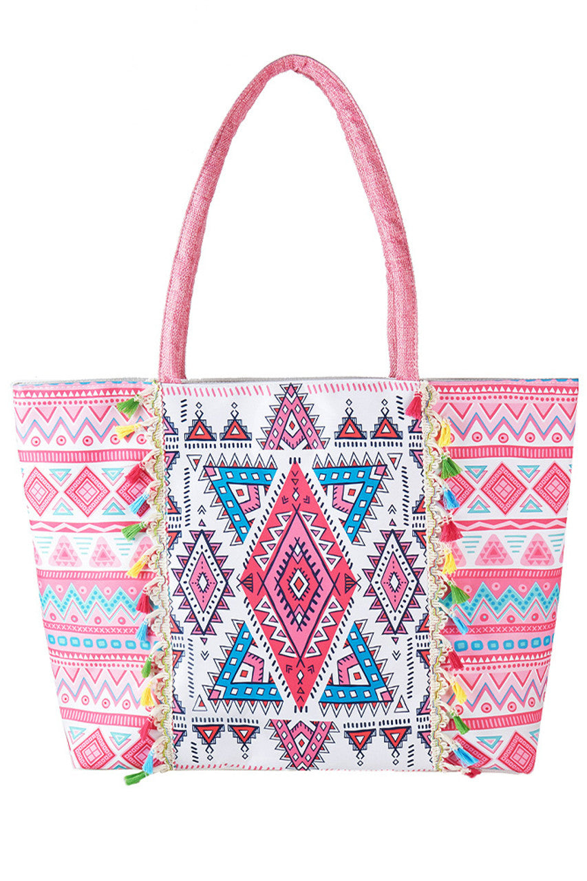 Boho Pattern Print Color Tassels Summer Tote Bag