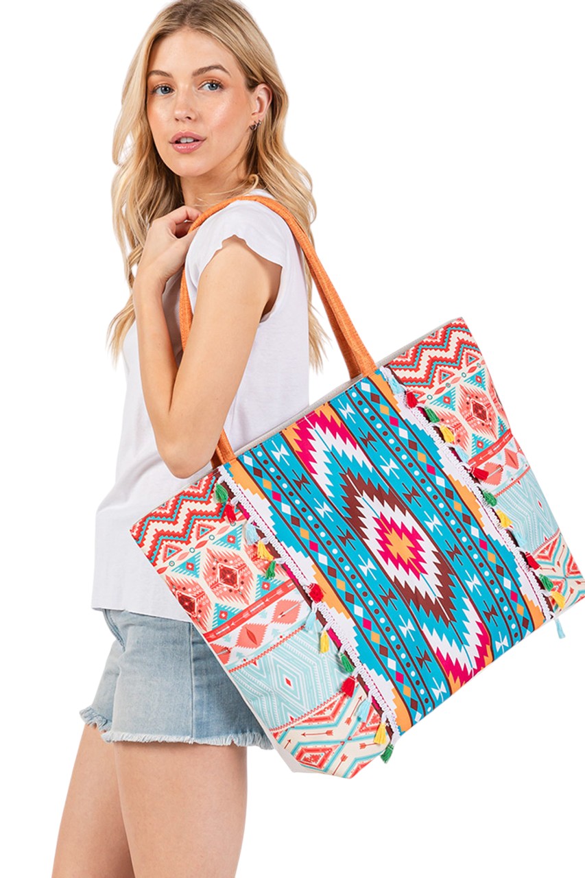 Boho Style Aztec Pattern Tassel Summer Tote Bag
