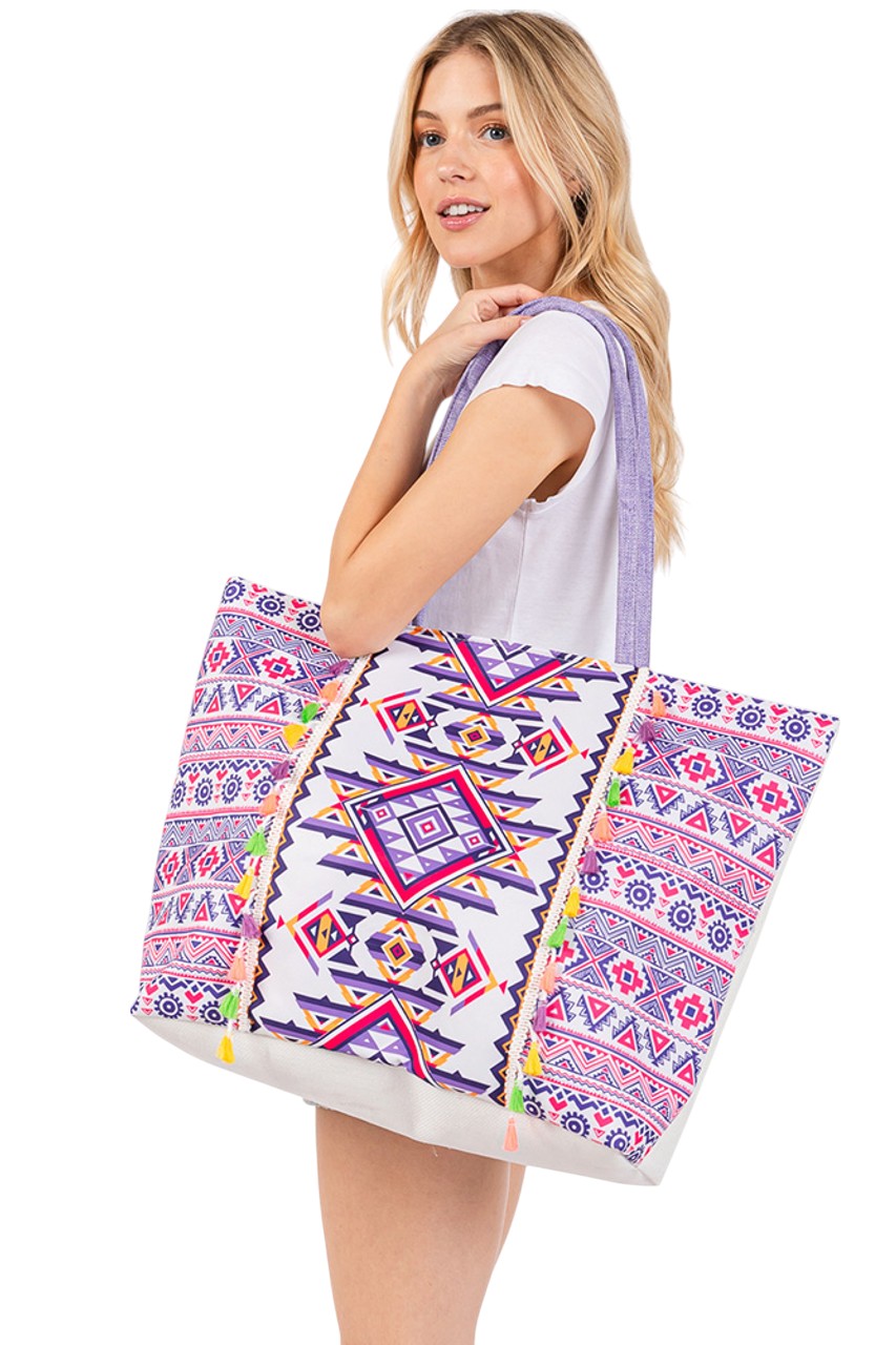 Boho Style Aztec Pattern Tassel Summer Tote Bag