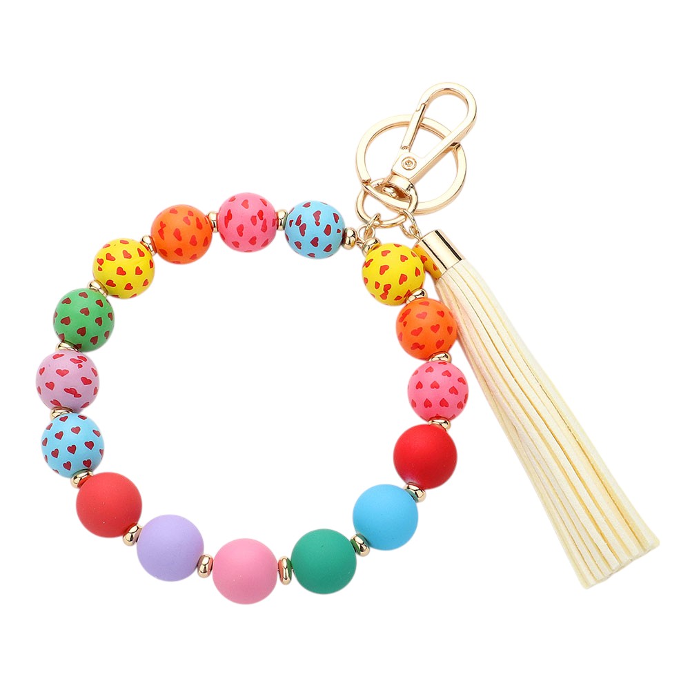 Heart Patterned Beaded Tassel Keychain  Bracelet