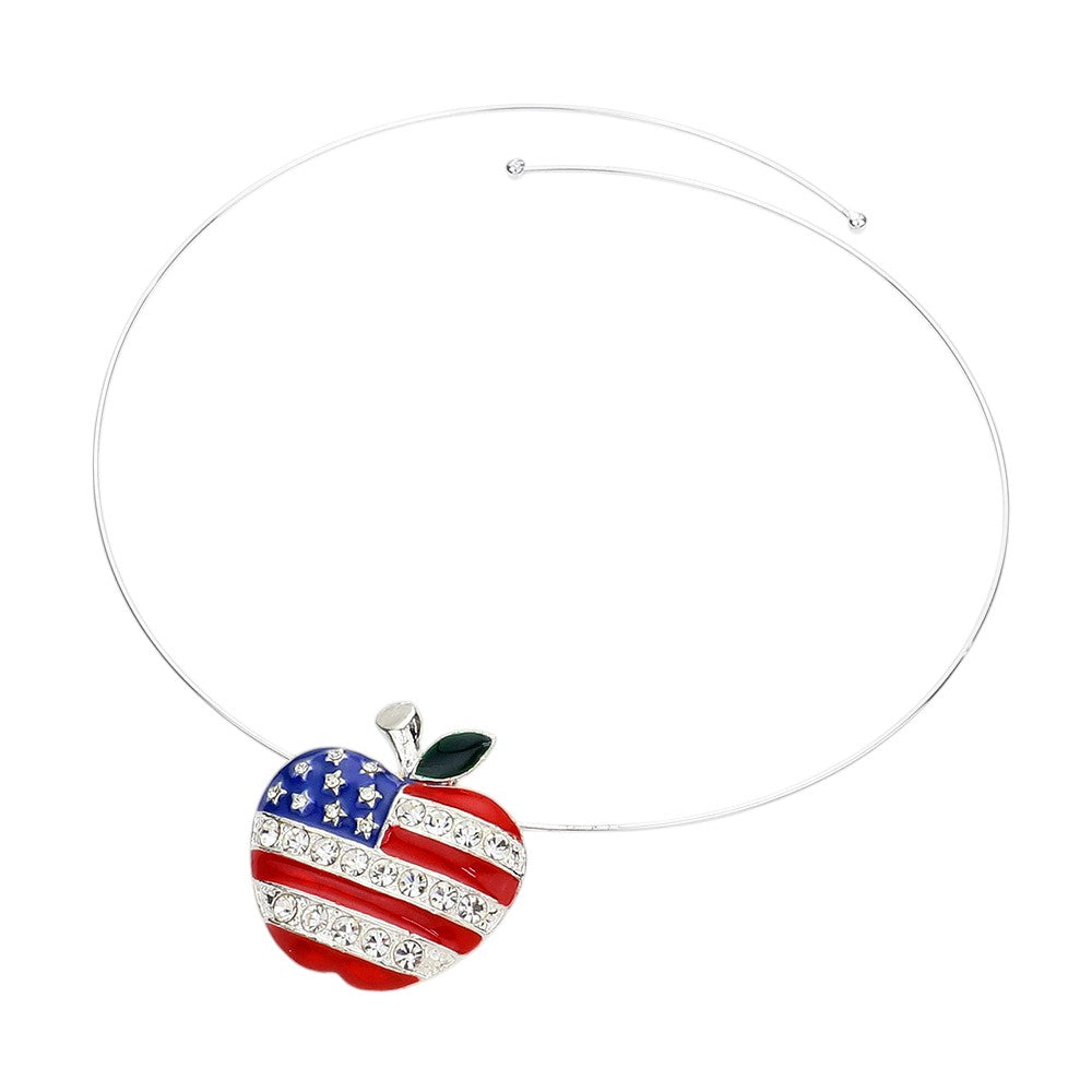 American USA Flag Apple Open Choker Necklace Brooch Pendant Set