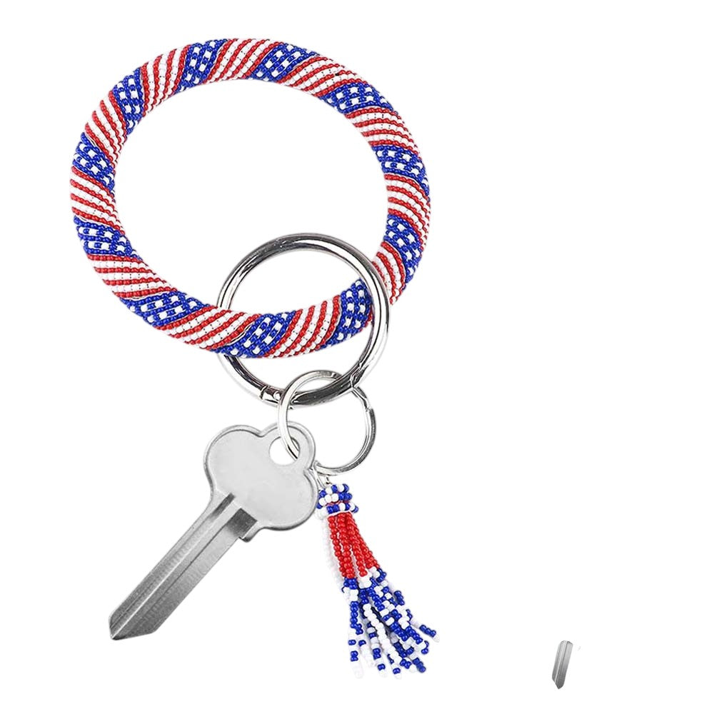 Seed Beaded Patriotic Pattern Tassel Key Chain Bracelet