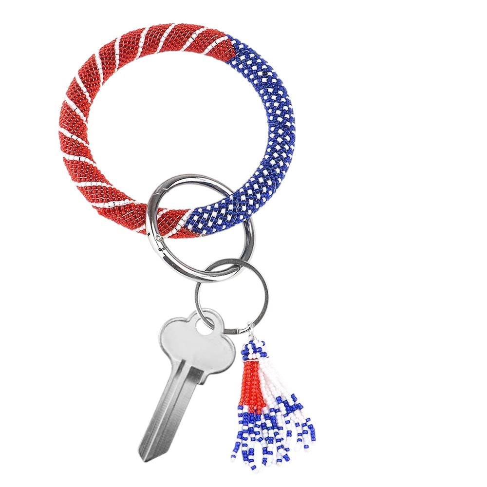 Seed Beaded Patriotic Pattern Tassel Key Chain Bracelet