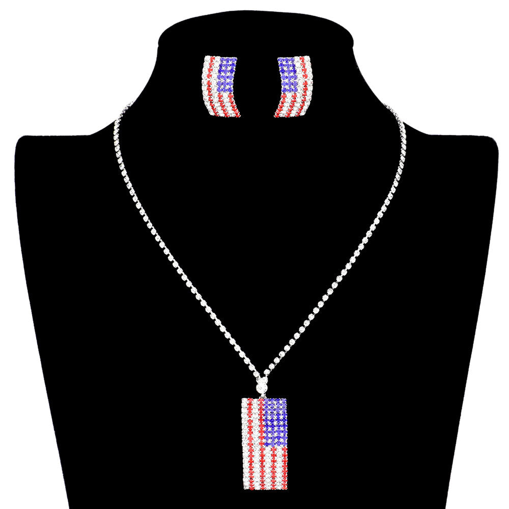 American USA Flag Crystal Necklace Earring Set