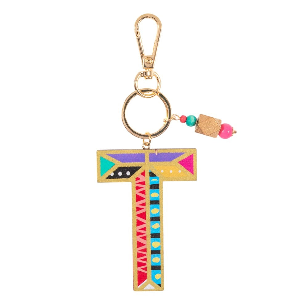 Geometric Patterned Wood Monogram Bag Charm