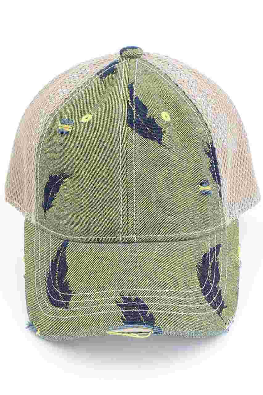 C.C LEAF MOTIF JACQUARD DENIM BASEBALL PONYCAP