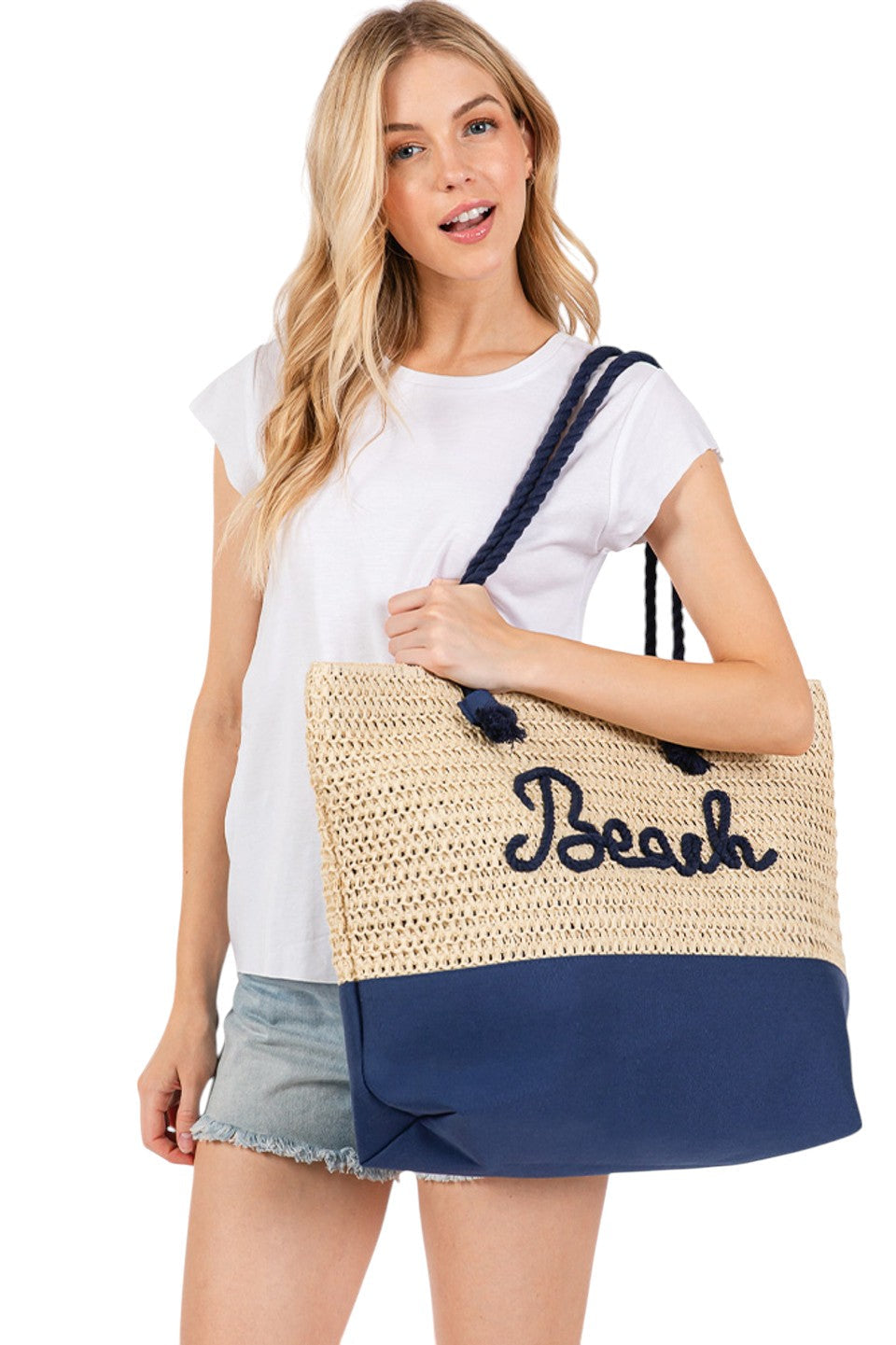 BEACH Letter Color Sewn Rope and Crochet Strap Bag