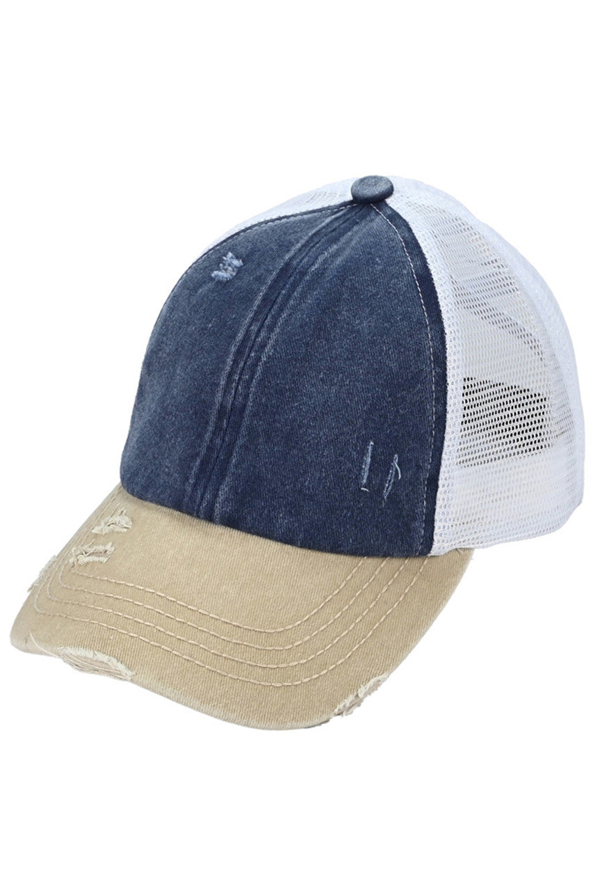 C.C 3 Tone Crossed Mesh Back Trucker Pony Cap