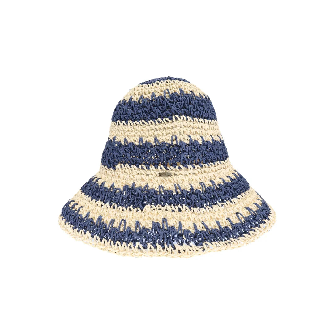 Broad Striped Paper Straw Hand Crochet C.C Bucket Hat