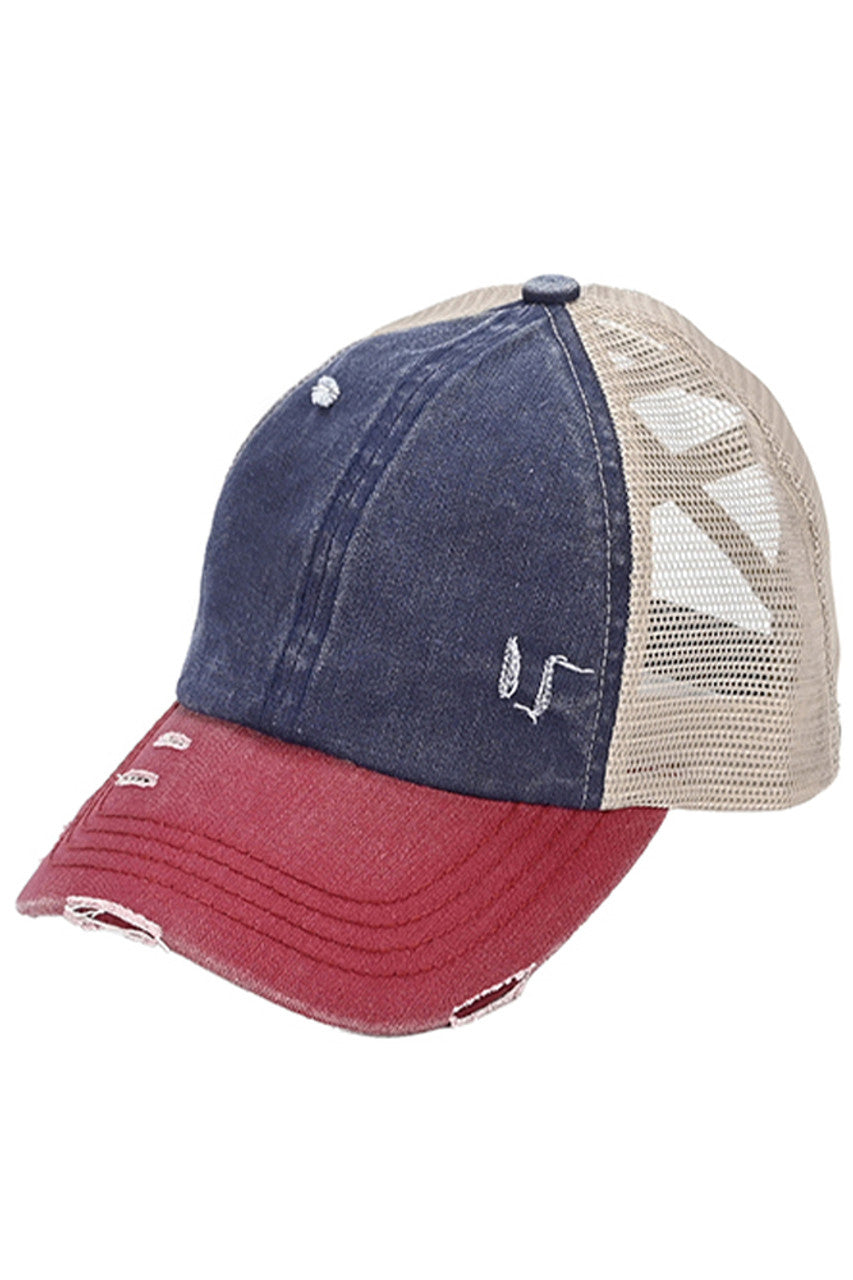 C.C 3 Tone Crossed Mesh Back Trucker Pony Cap