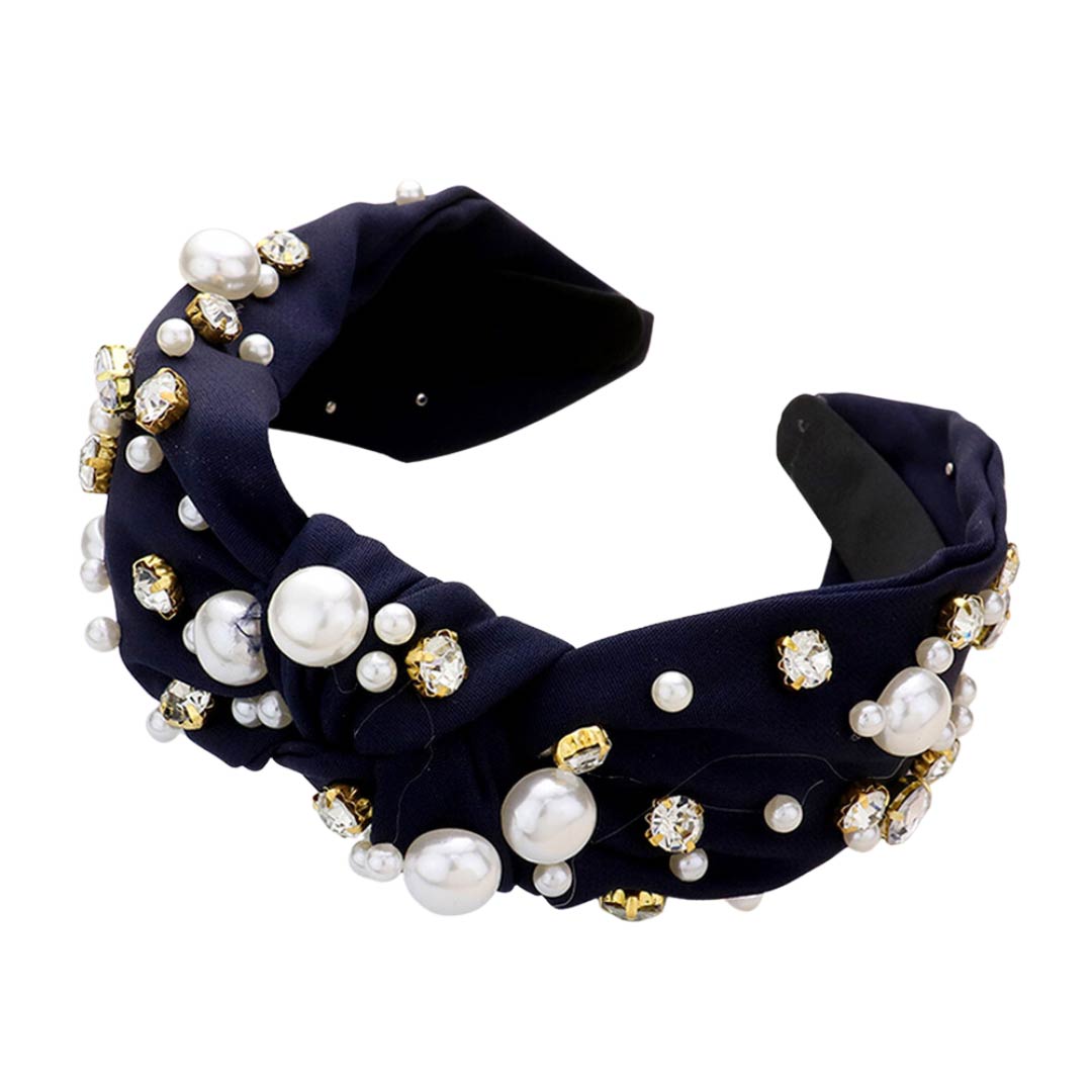 Pearl Round Stone Embellished Knot Burnout Headband
