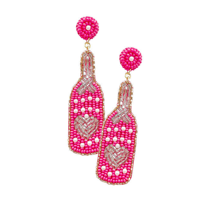 Beaded Heart Pointed Champagne Dangle Earrings