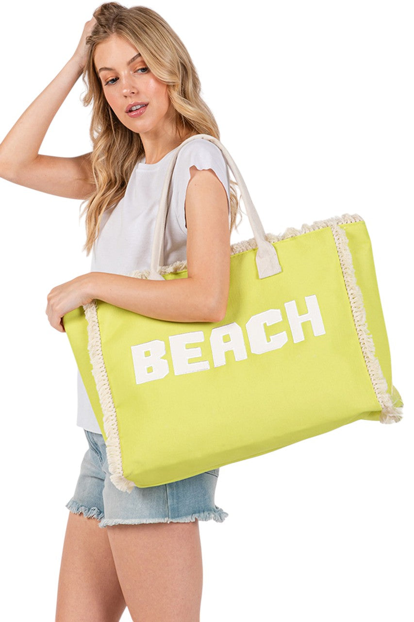 BEACH Embroidered Letter Fringe Summer Tote Bag