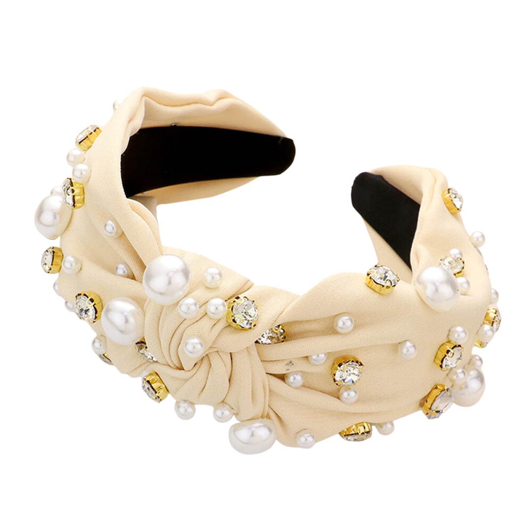 Pearl Round Stone Embellished Knot Burnout Headband