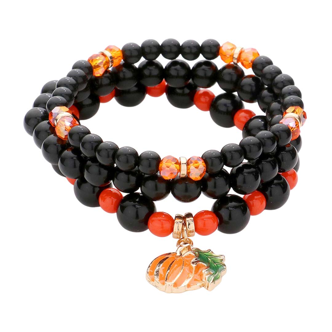 3PCS Pumpkin Charm Beaded Stretch Bracelets
