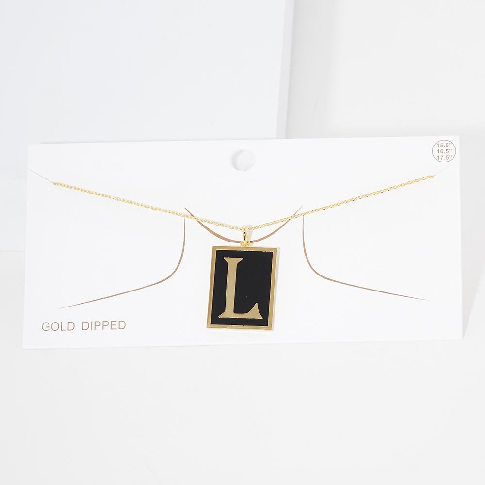 -L- Gold Dipped Enamel Rectangle Initial Monogram Pendant Necklace