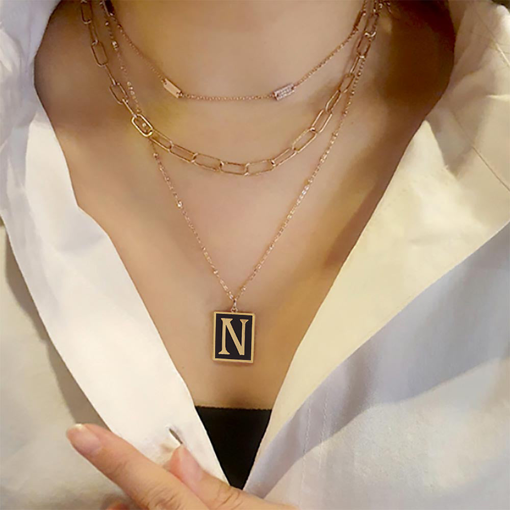 -N- Gold Dipped Enamel Rectangle Initial Monogram Pendant Necklace