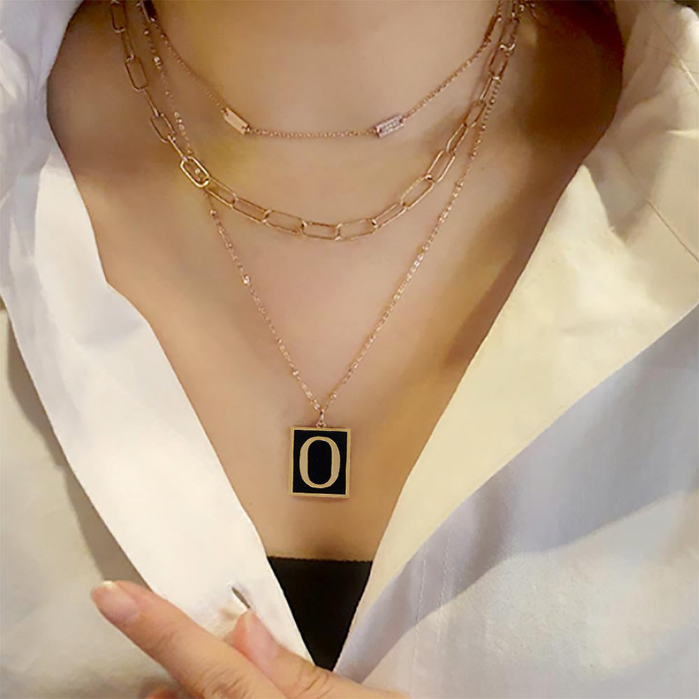-O- Gold Dipped Enamel Rectangle Initial Monogram Pendant Necklace