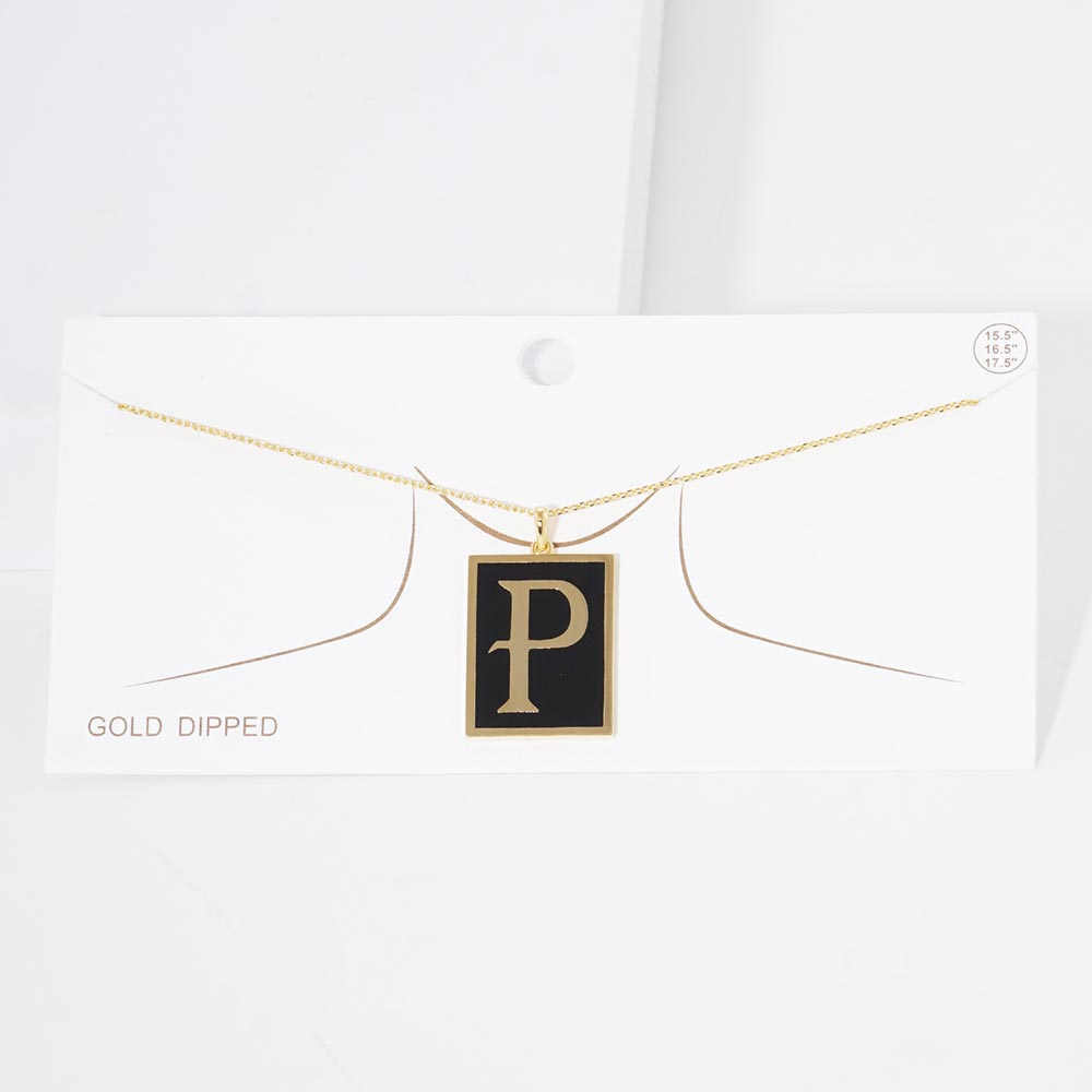-P- Gold Dipped Enamel Rectangle Initial Monogram Pendant Necklace