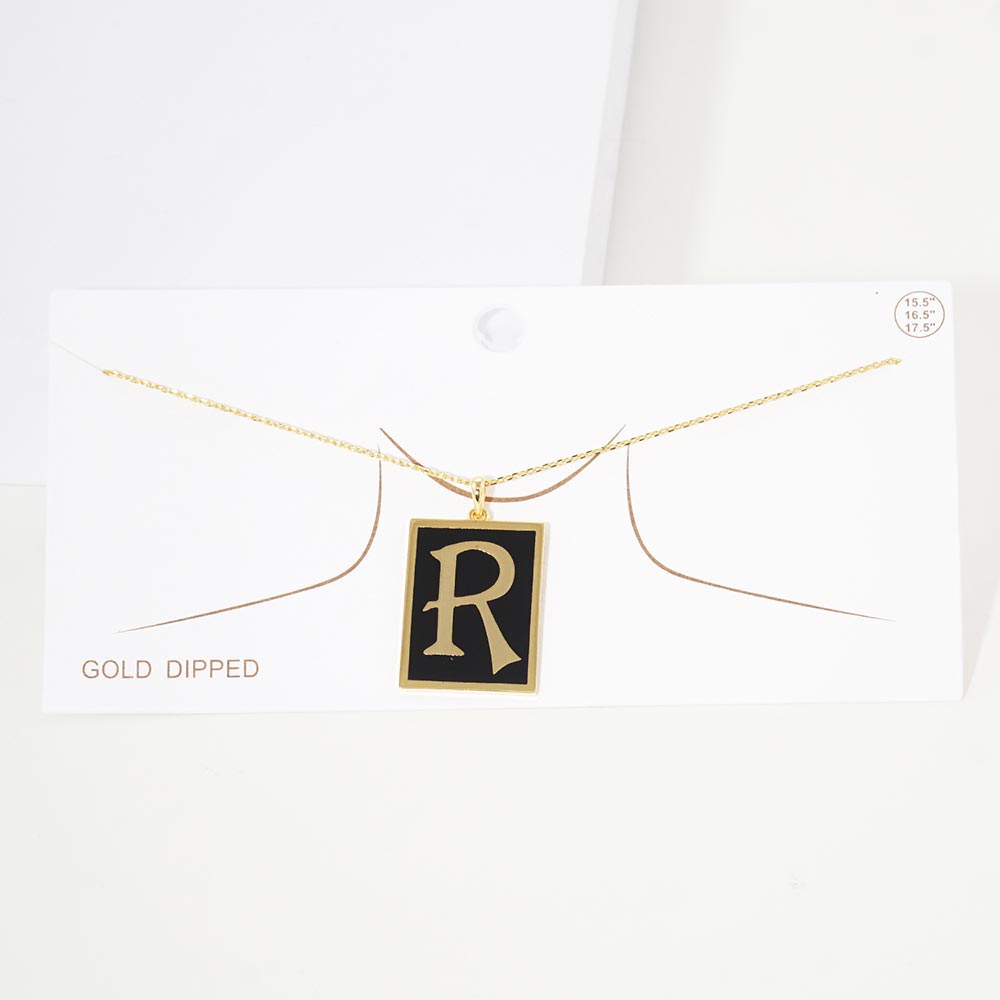 -R- Gold Dipped Enamel Rectangle Initial Monogram Pendant Necklace