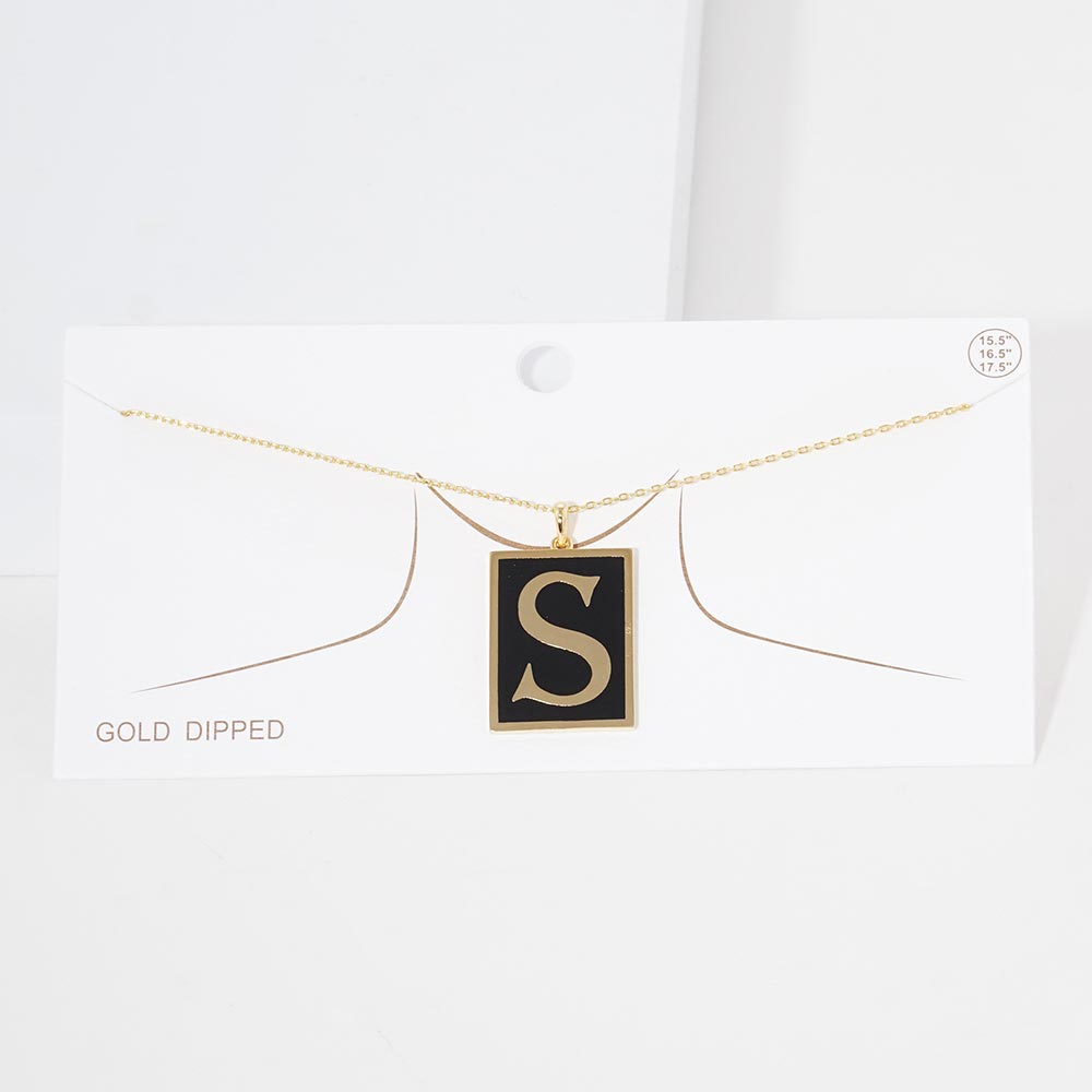 -S- Gold Dipped Enamel Rectangle Initial Monogram Pendant Necklace