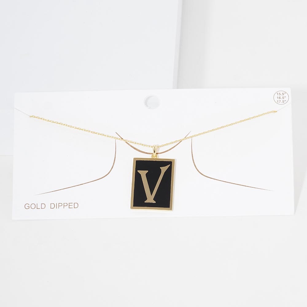 -V- Gold Dipped Enamel Rectangle Initial Monogram Pendant Necklace