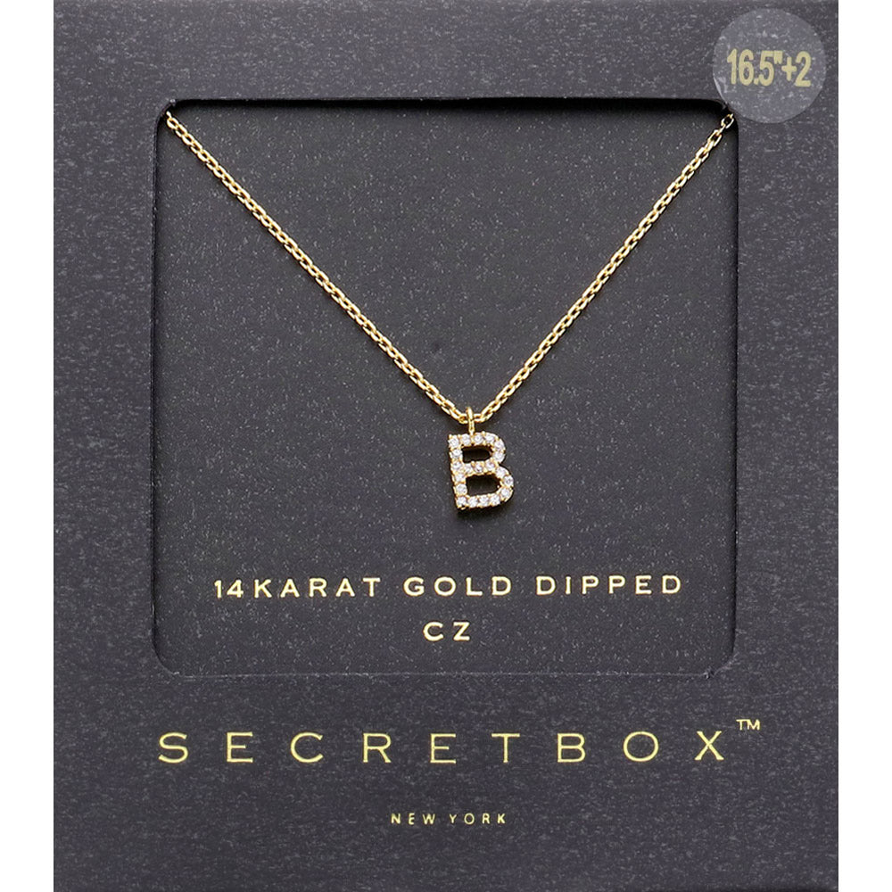 -B- Secret Box 14K Gold Dipped Cubic Zirconia Initial Monogram Pendant Necklace