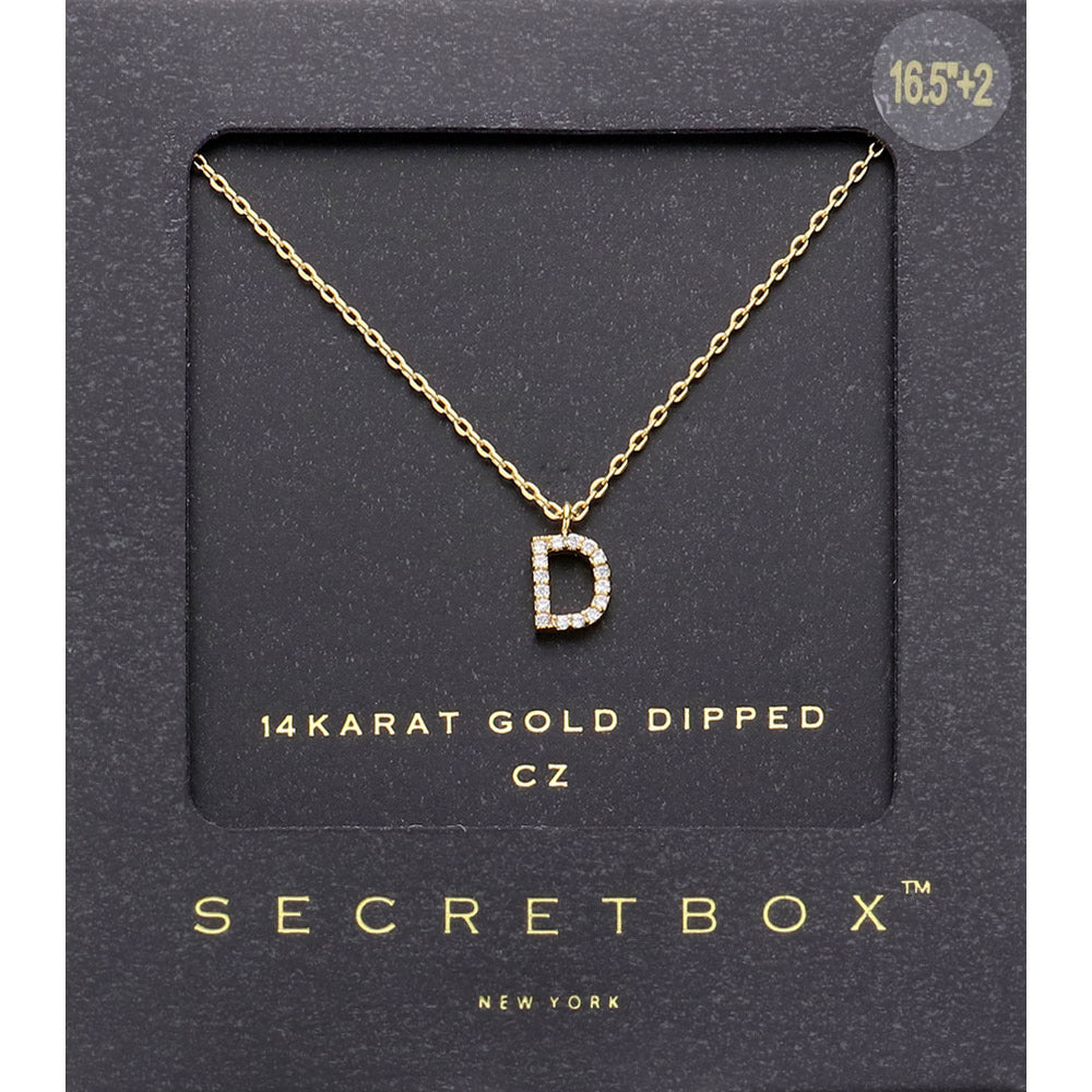 -D- Secret Box 14K Gold Dipped Cubic Zirconia Initial Monogram Pendant Necklace