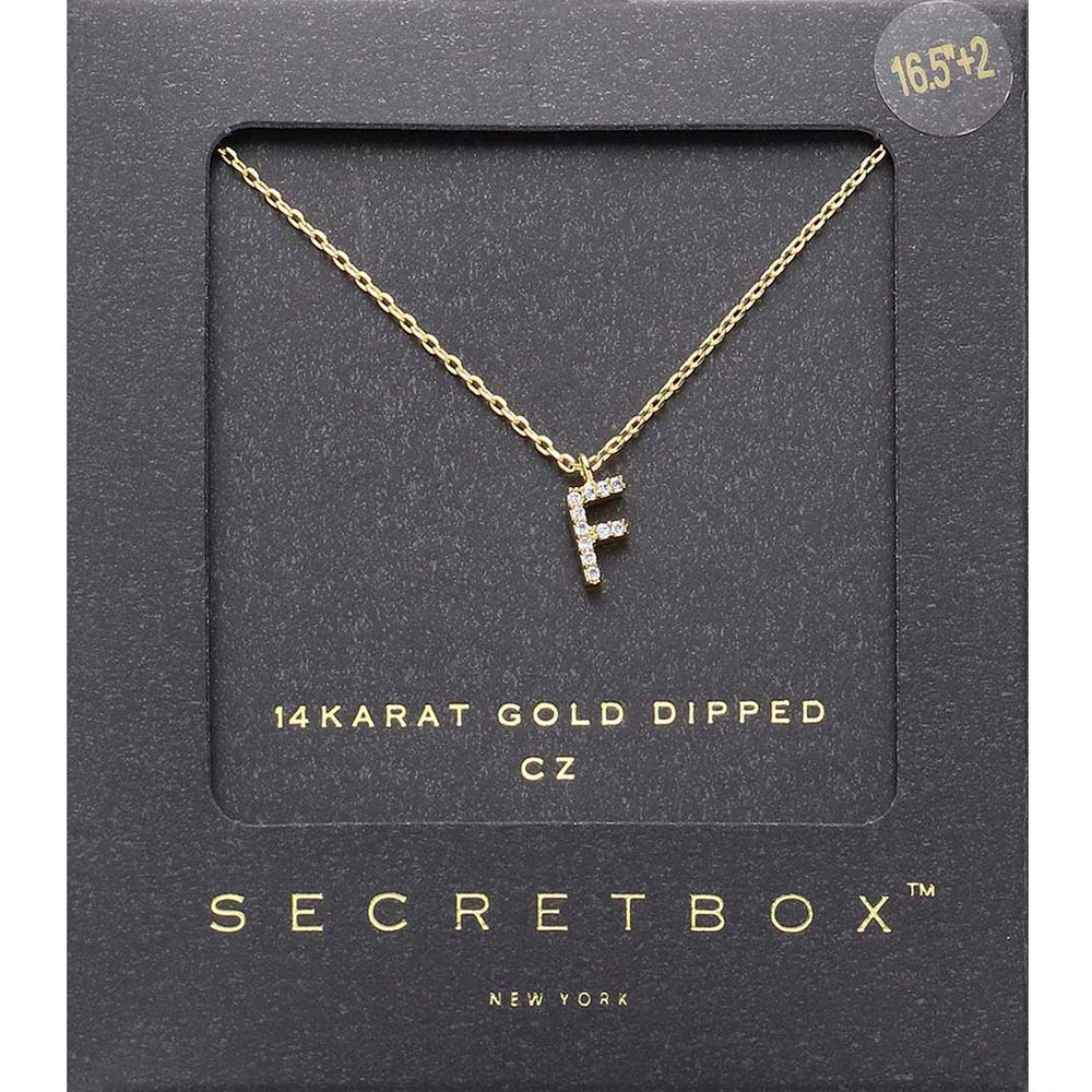 -F- Secret Box 14K Gold Dipped Cubic Zirconia Initial Monogram Pendant Necklace