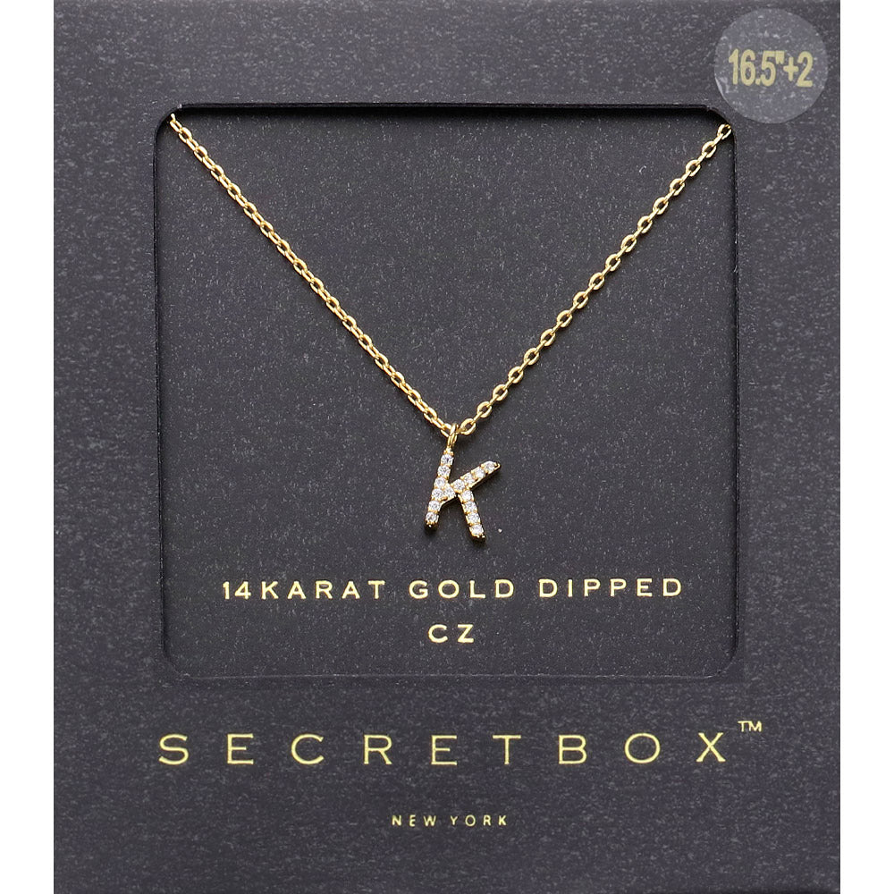 -K- Secret Box _ 14K Gold Dipped Cubic Zirconia Initial Monogram Pendant Necklace