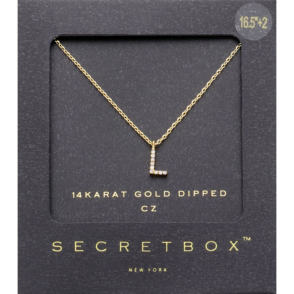-L- Secret Box 14K Gold Dipped Cubic Zirconia Initial Monogram Pendant Necklace