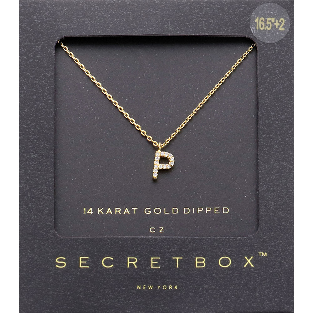 -P- Secret Box 14K Gold Dipped Cubic Zirconia Initial Monogram Pendant Necklace