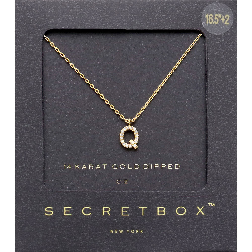 -Q- Secret Box 14K Gold Dipped Cubic Zirconia Initial Monogram Pendant Necklace