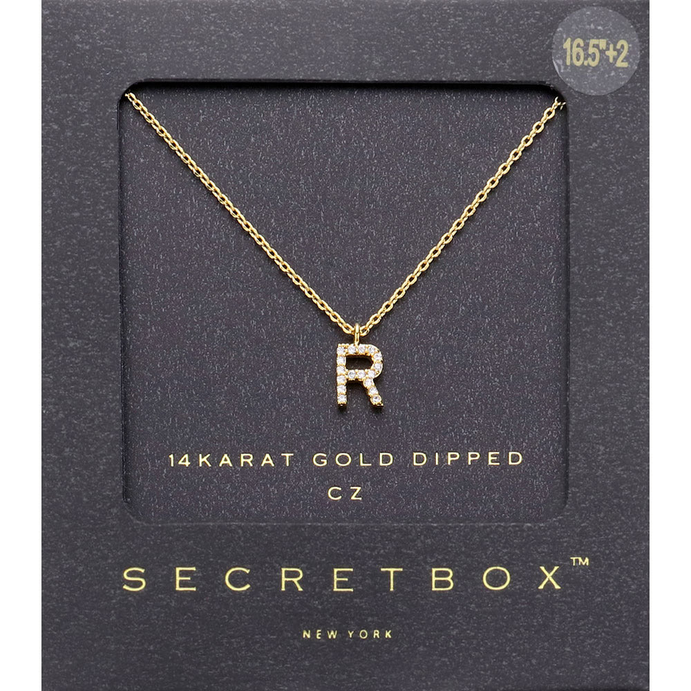 -R- Secret Box 14K Gold Dipped Cubic Zirconia Initial Monogram Pendant Necklace