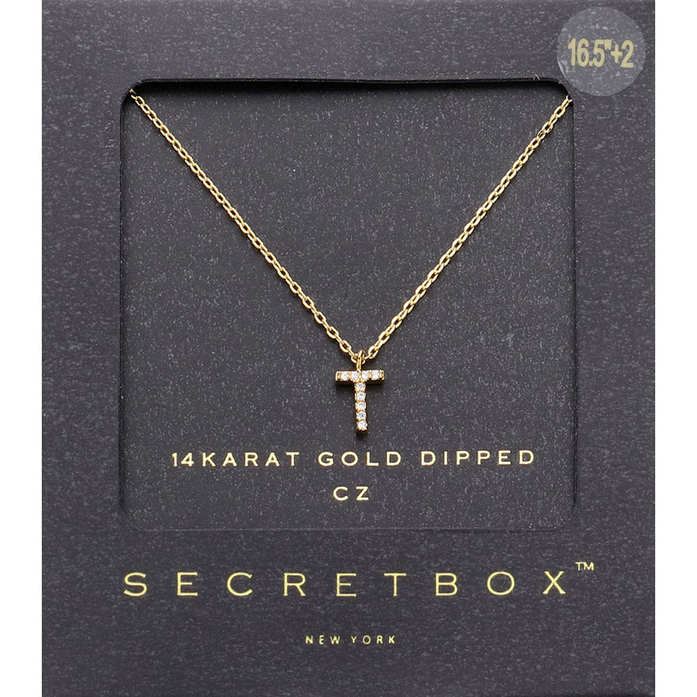 -T- Secret Box 14K Gold Dipped Cubic Zirconia Initial Monogram Pendant Necklace