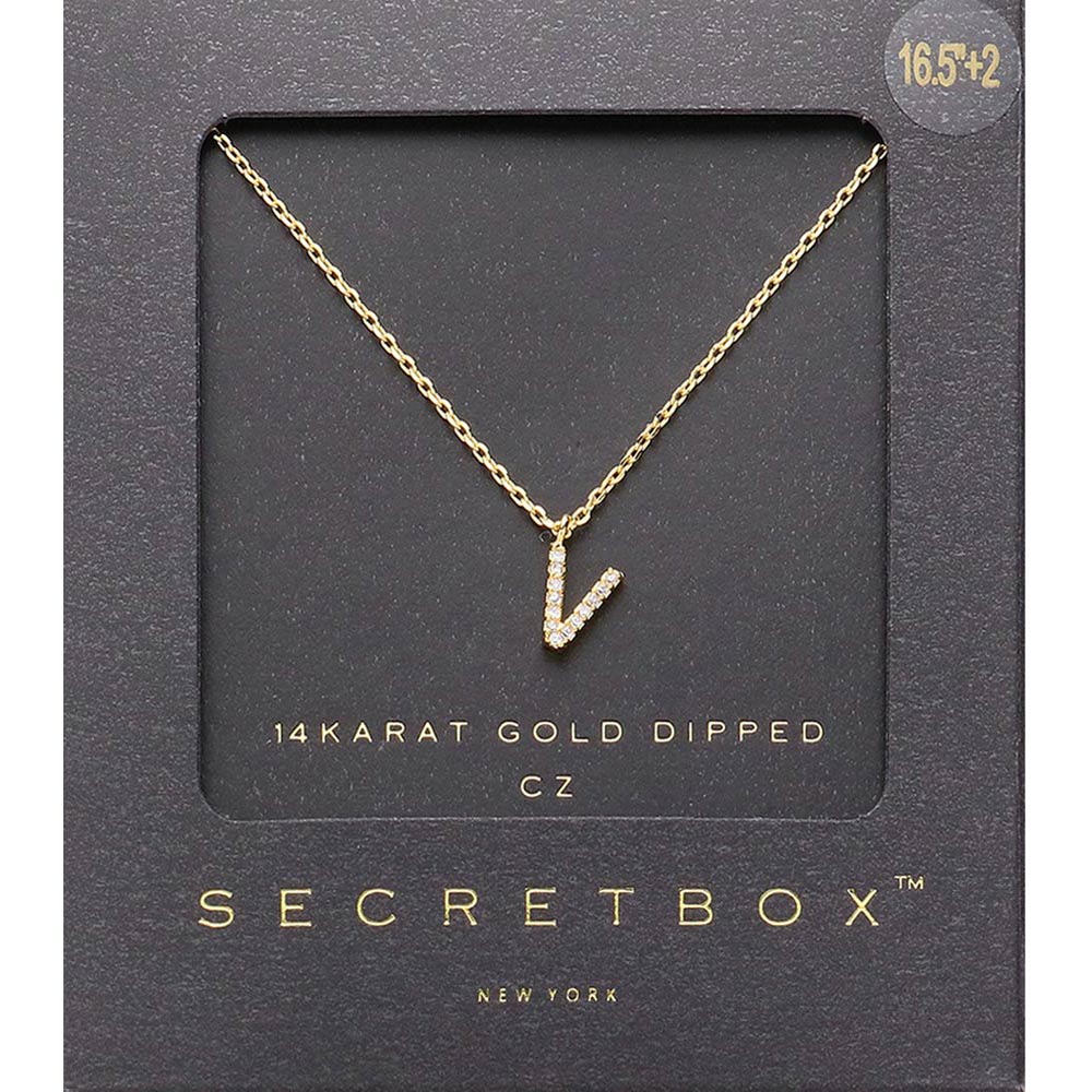 -V- Secret Box 14K Gold Dipped Cubic Zirconia Initial Monogram Pendant Necklace