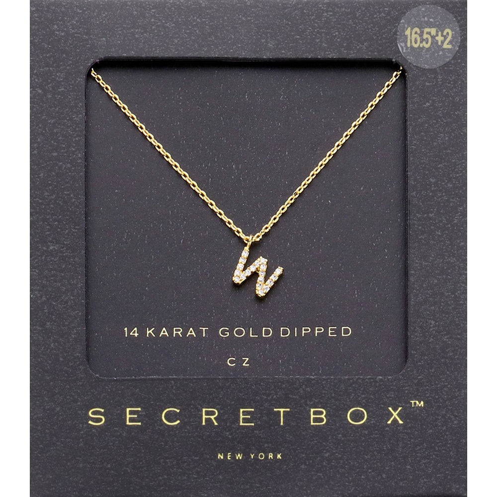 -W- Secret Box 14K Gold Dipped Cubic Zirconia Initial Monogram Pendant Necklace