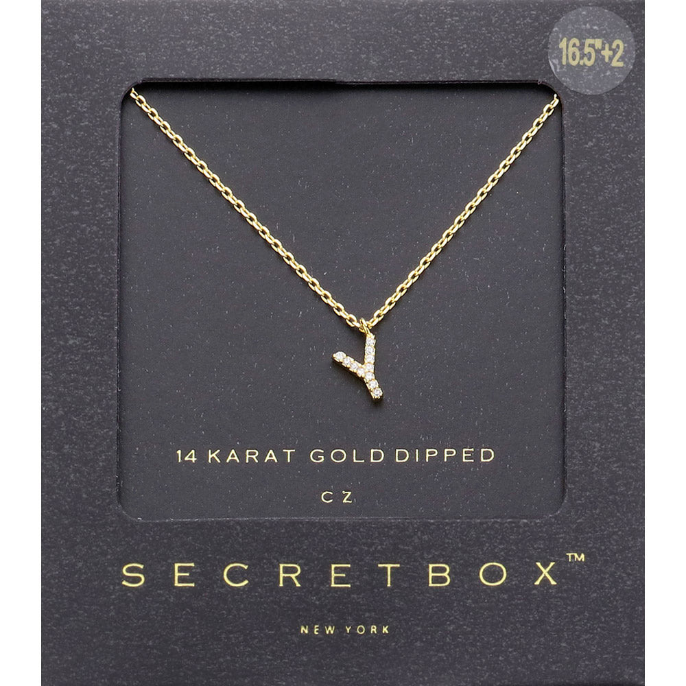 -Y- Secret Box 14K Gold Dipped CZ Initial Monogram Pendant Necklace