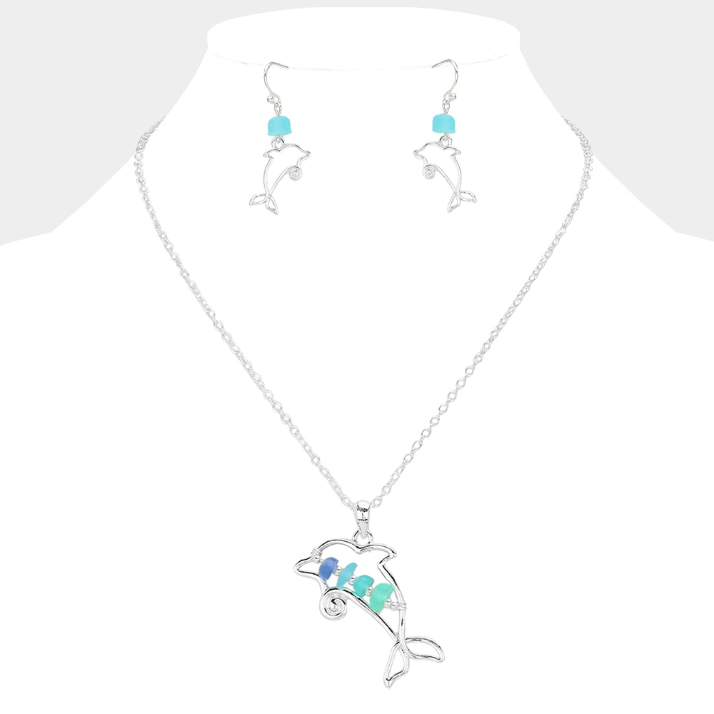 Bean Beads Accented Metal Wire Dolphin Pendant Necklace
