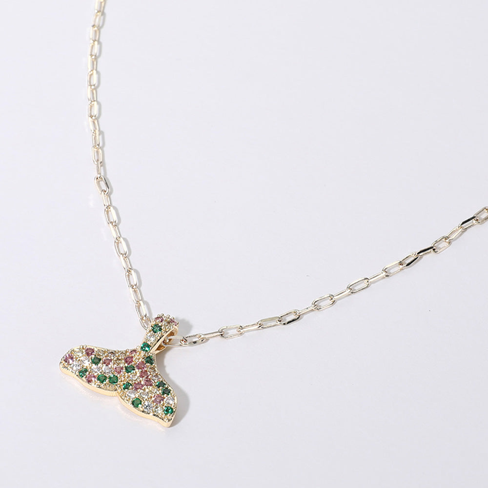 14K Gold Plated CZ Stone Paved Whale Tale Pendant Necklace