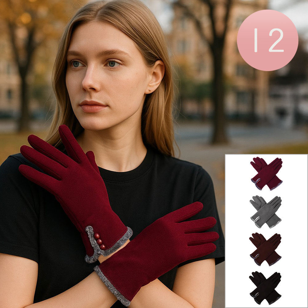 12Pairs - Faux Fur Trim Button Detail Smart Touch Winter Gloves