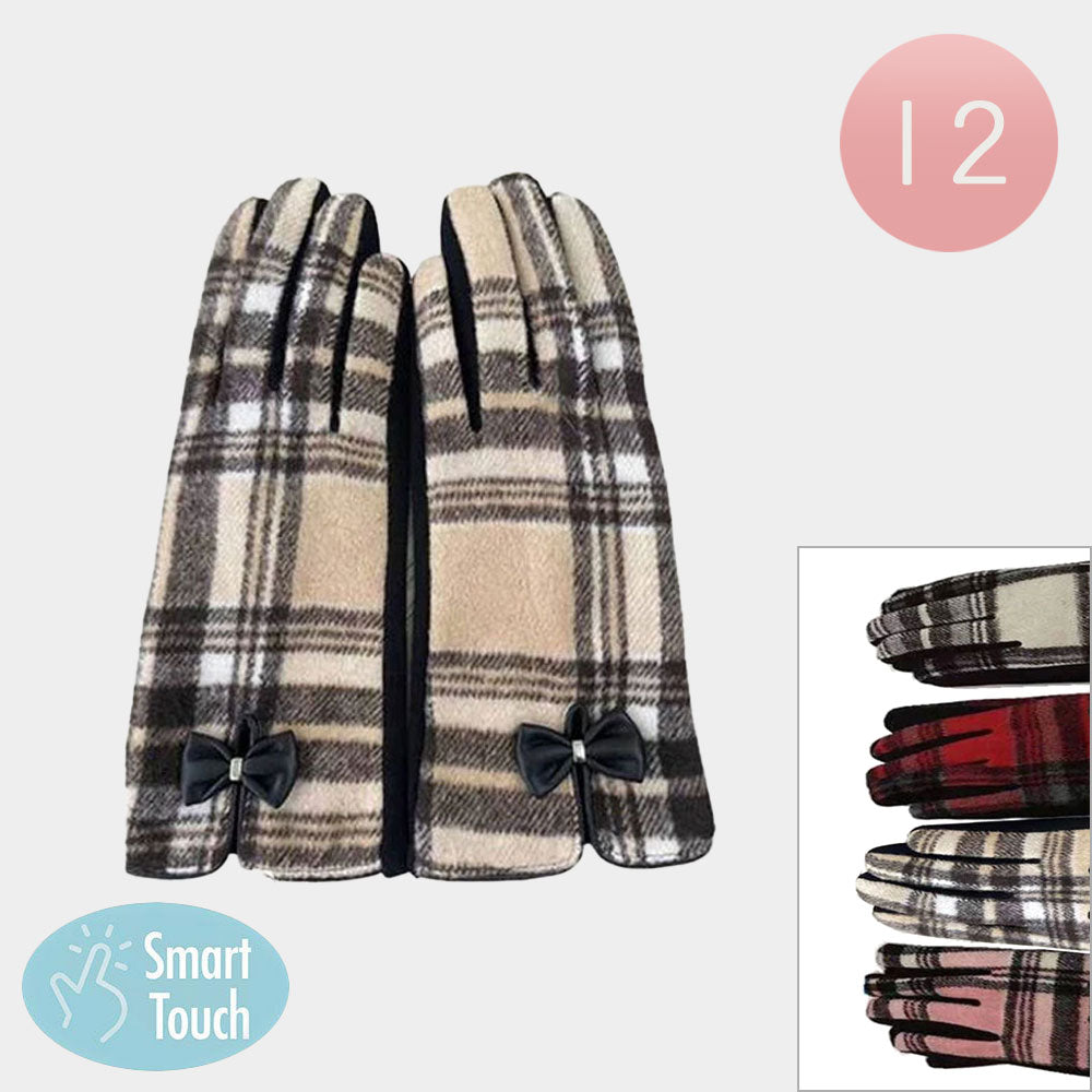 12Pairs - Bow Accent Plaid Pattern Smart Touch Winter Gloves