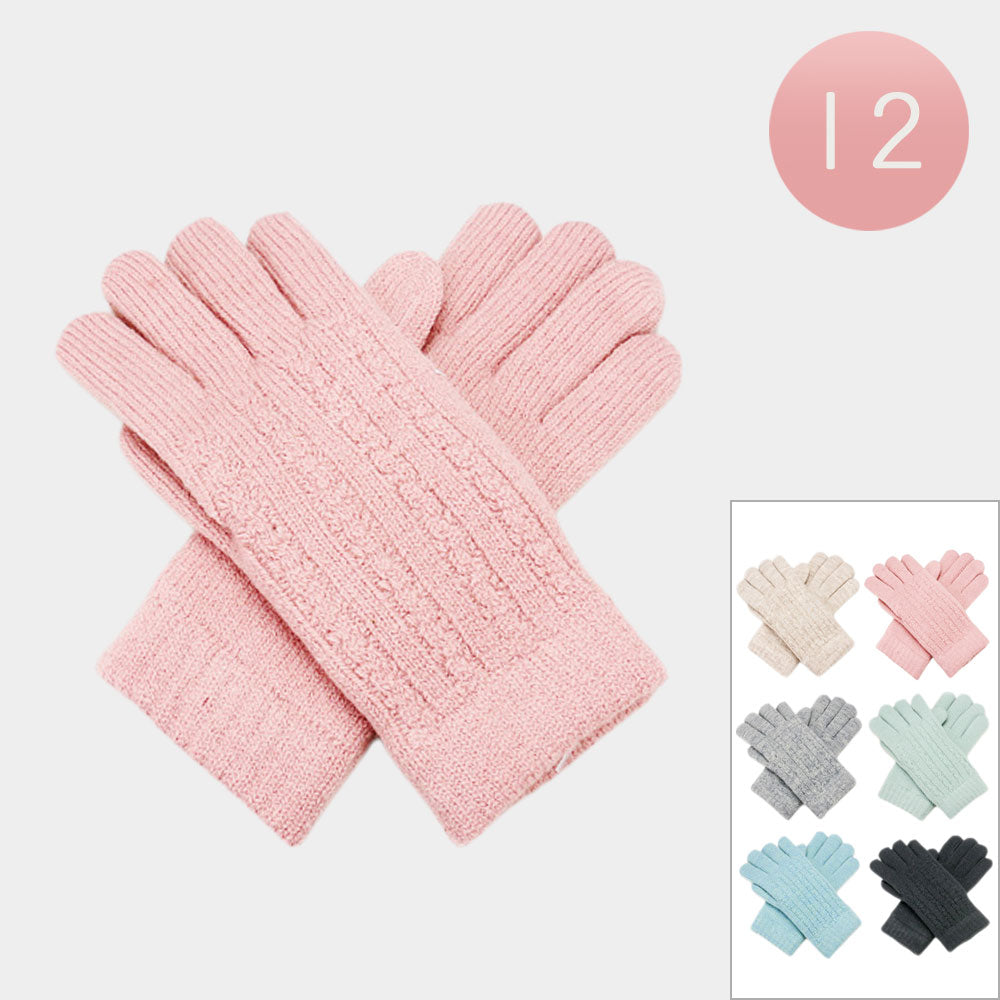 12Pairs - Cable Knit Fleece Lining Winter Gloves